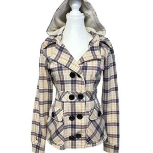 Plaid Hooded Double-Breasted Women's Jacket - Cream Plaid